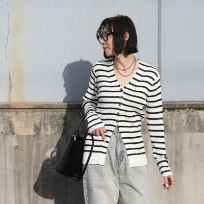 YENN/イエン　RIB KNIT CARDIGAN　Y241-91012　リブニット　ニットカーディガン　細身　ボーダー　ブラック