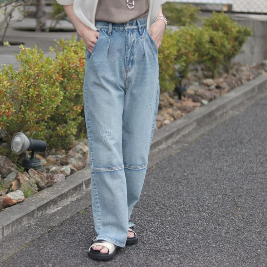 Yennイエン High Rise Tuck Wide Pants Y222 31010 8qu デニム ハイライズ タック ワイド ハイウエスト ダメージ 雑誌掲載 Shunal 8389